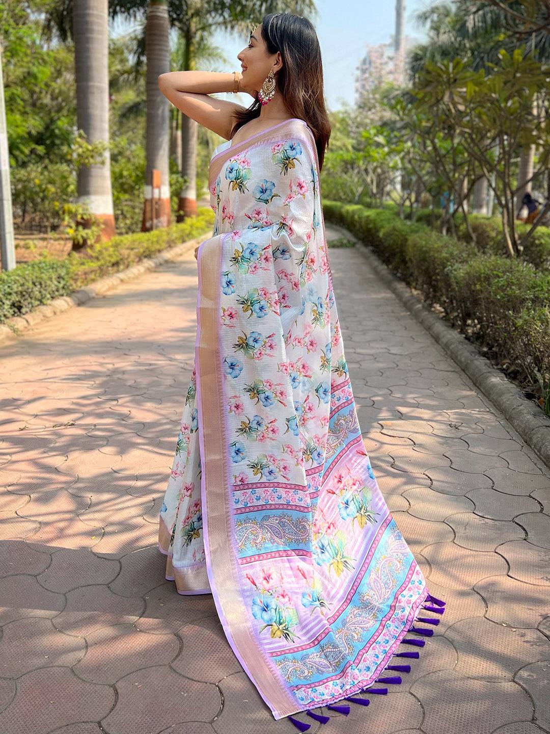 Lavender Kota With Digital Floral Printed Saree by My Store