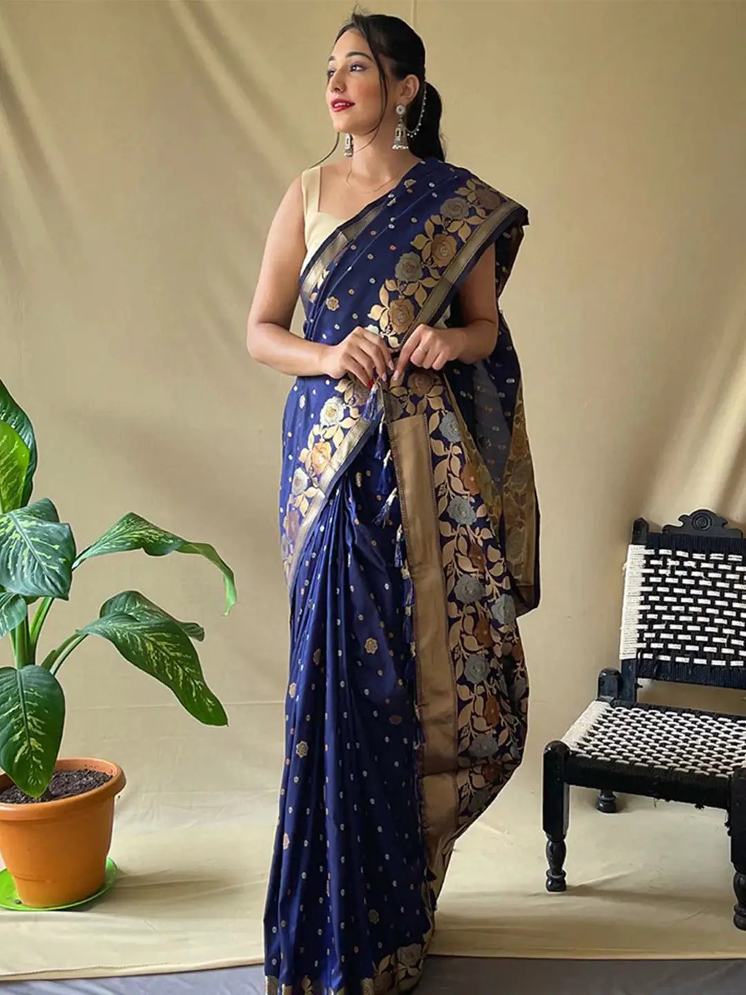 Navy Blue Colour Banarasi Silk Zari Woven Saree by My Store