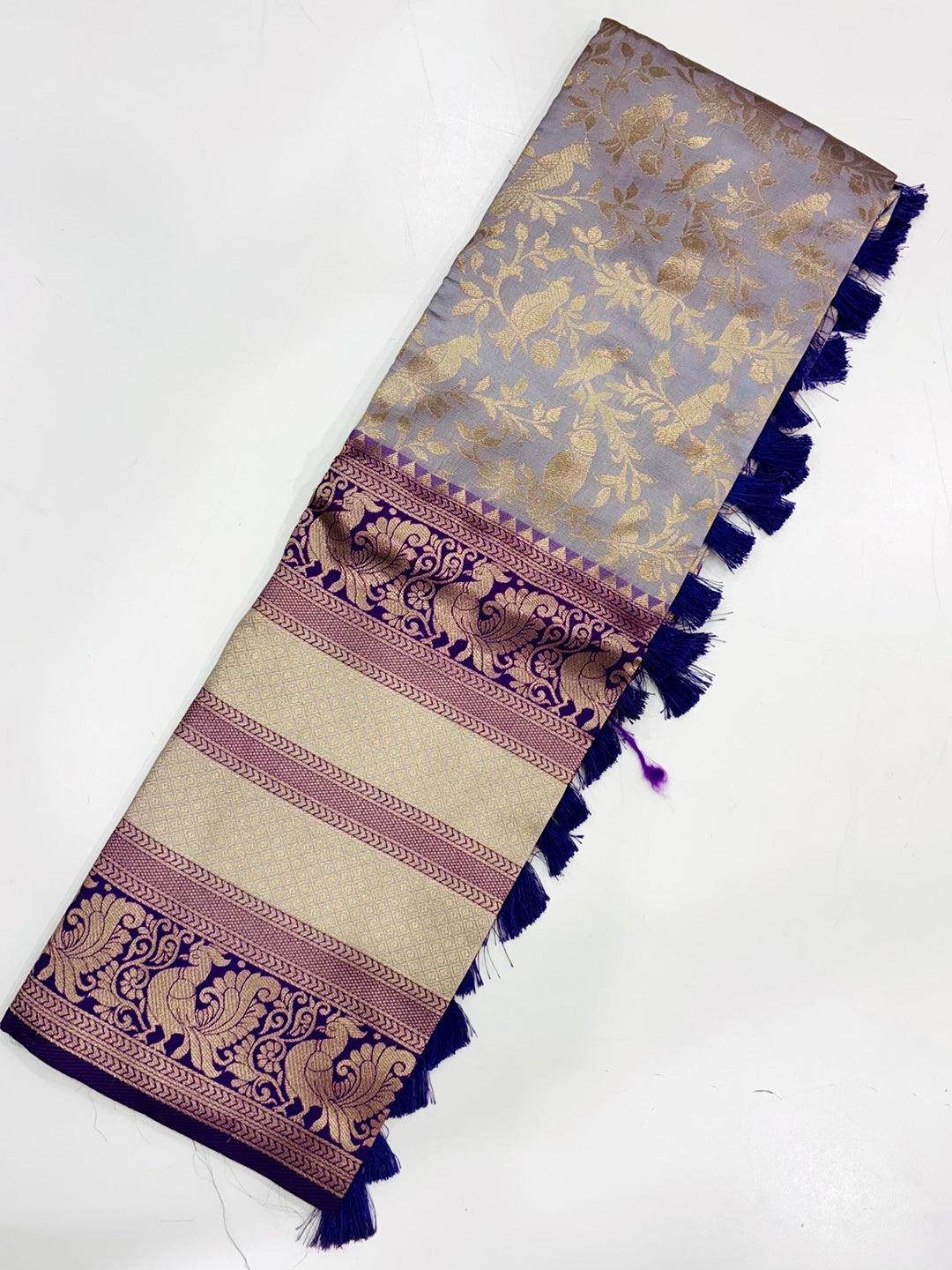 Peacock Grey Banarasi Silk Saree by My Store