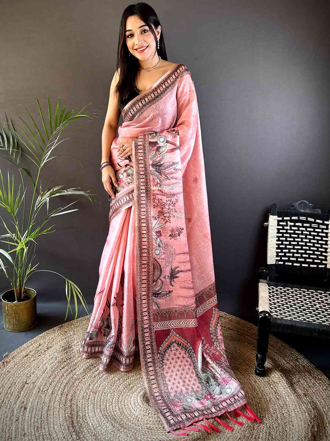 Blush Pink Tissue Floral Leaf Print Saree by My Store