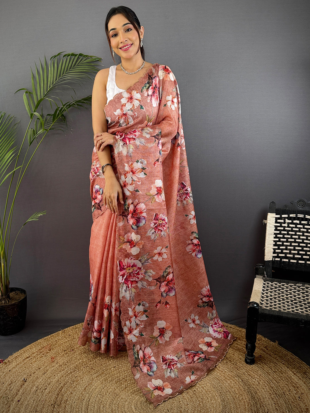 Peach Kota Doriya Floral Cut Work Saree by My Store