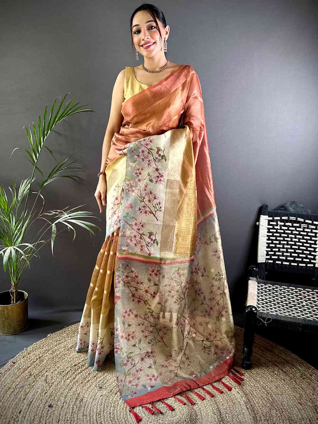 Red Ombre Zari Tissue Digital Print Saree by My Store