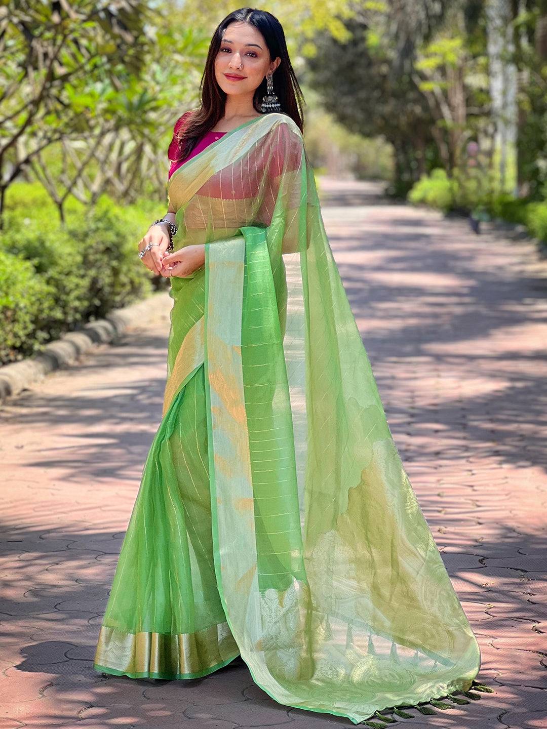 Green Pure Viscose Organza Saree With Fine Gold Zari Weaving Border by My Store