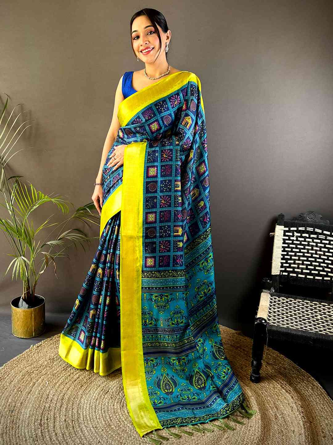 Navy Soft Silk Kalamkari Check Floral Print Saree by My Store