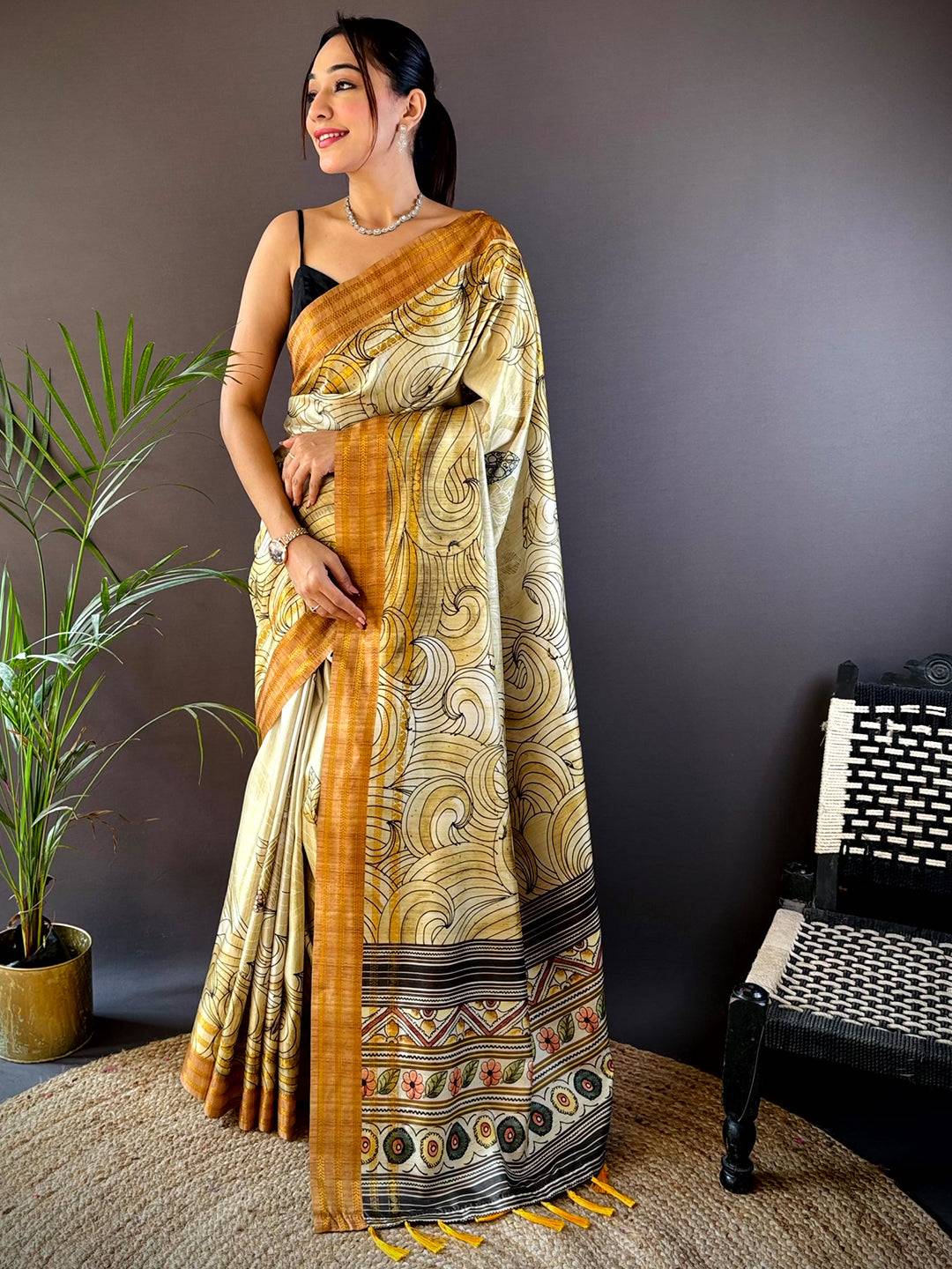 Olive Soft Silk Ocean Wave Patterns Saree by My Store
