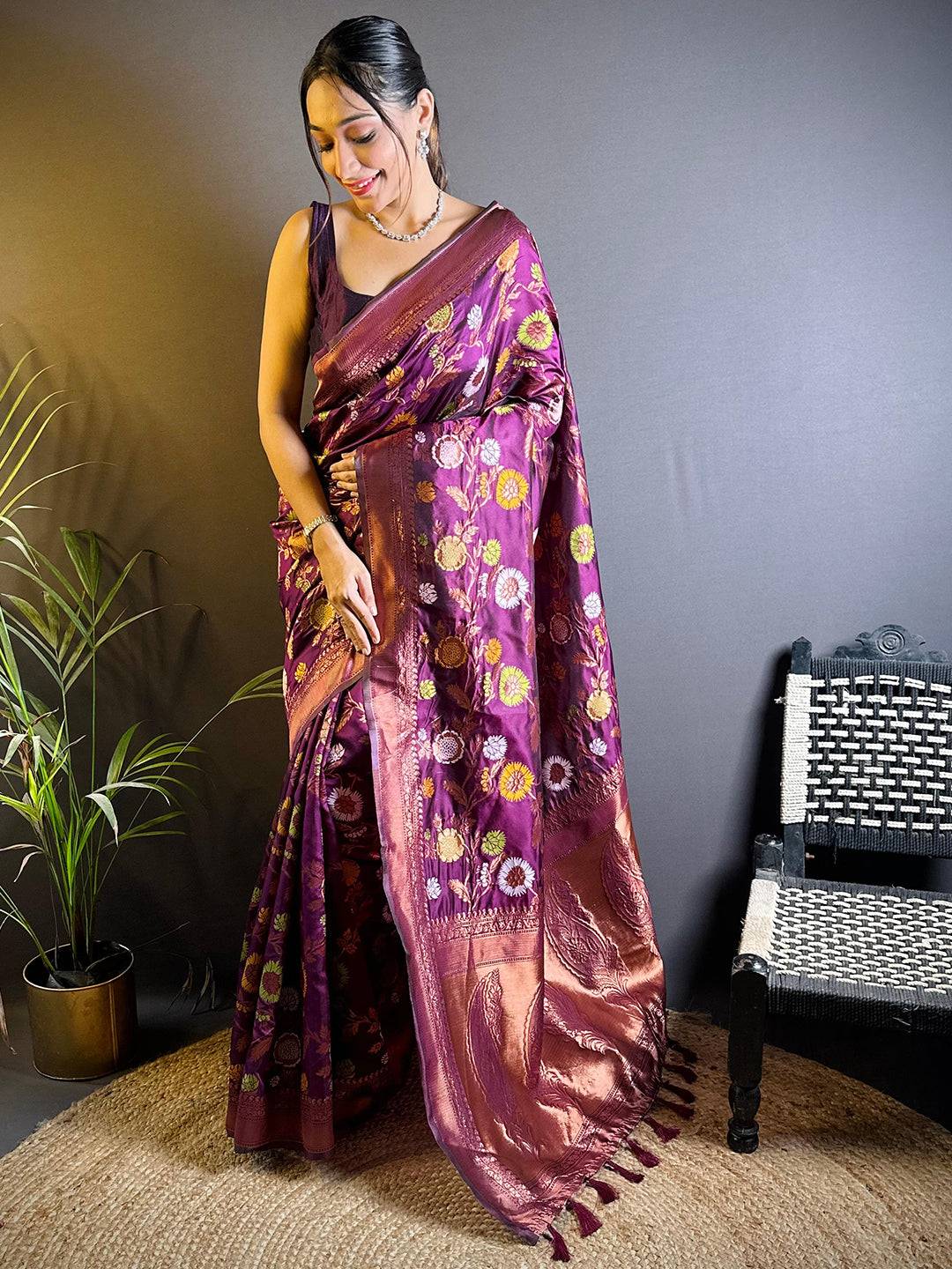 Dark Magenta Banarasi Silk Zari Butta Saree by My Store