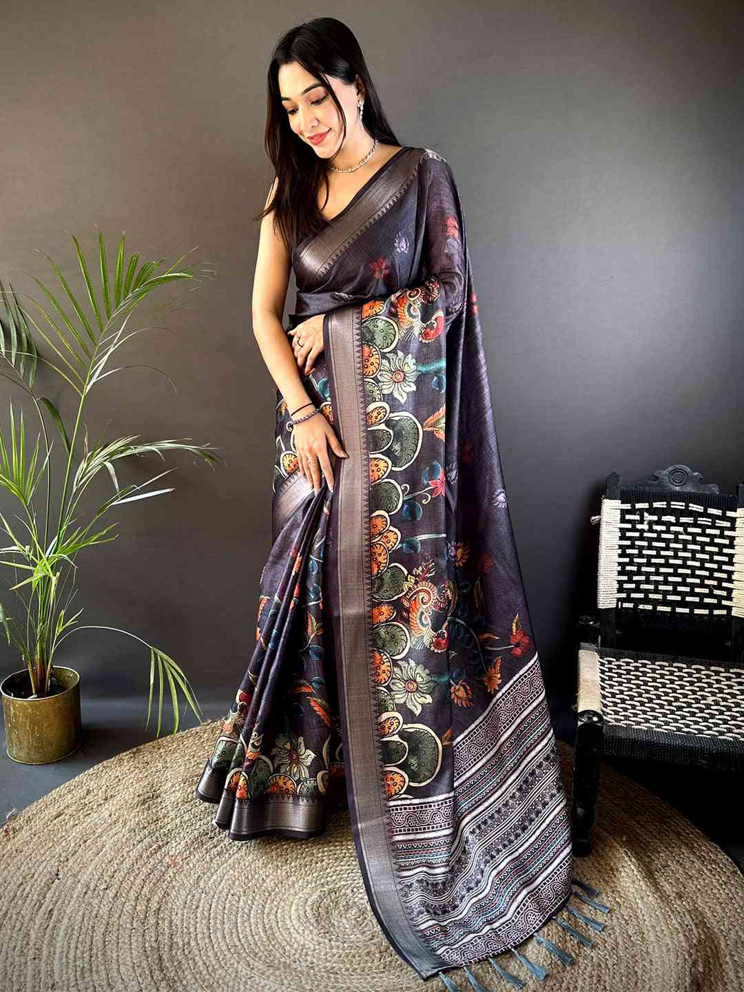 Dark Grey Kota Doriya Zari Weave Digital Print Saree by My Store