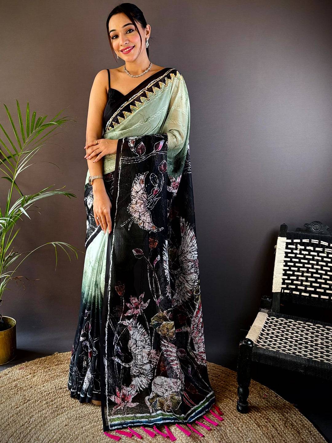 Green Georgette Batik Printed Saree by My Store