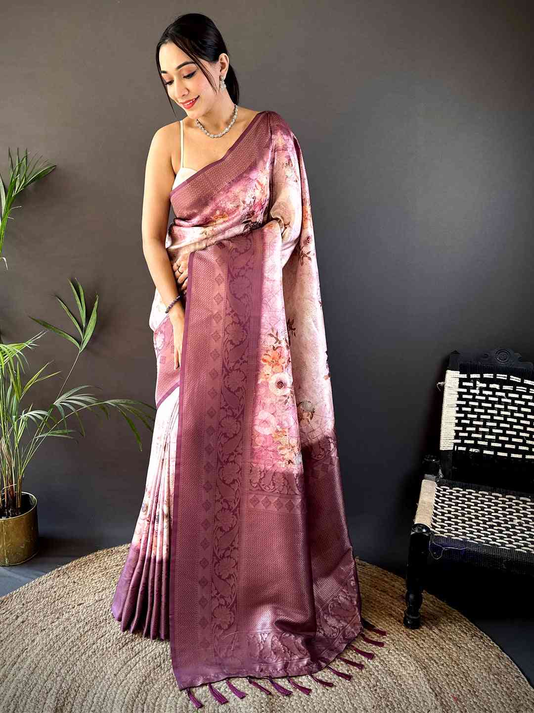 Mauve Kanjivaram Digital Silk Saree by My Store