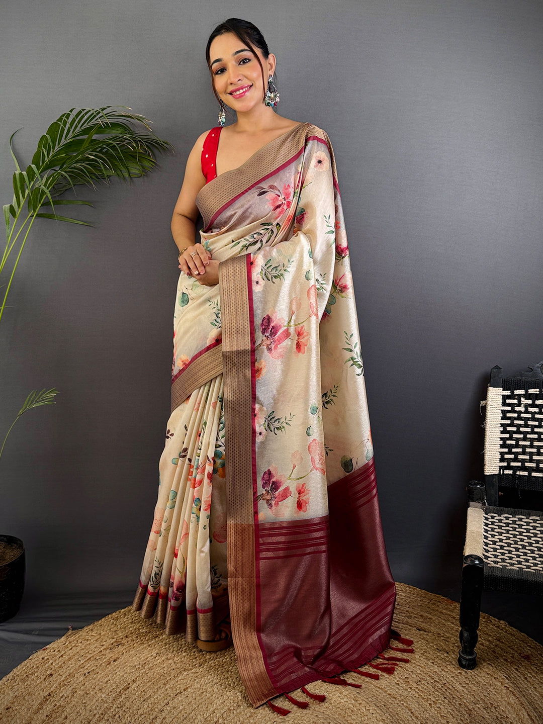 Off White Tussar Silk Digital Print Saree by My Store