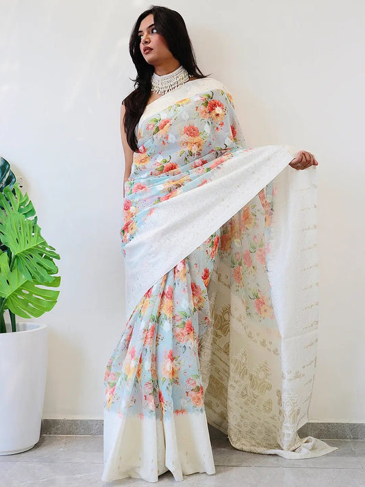 Multi Colour Digital Print Bollywood Saree in Lakhnavi Slub Pattern by My Store