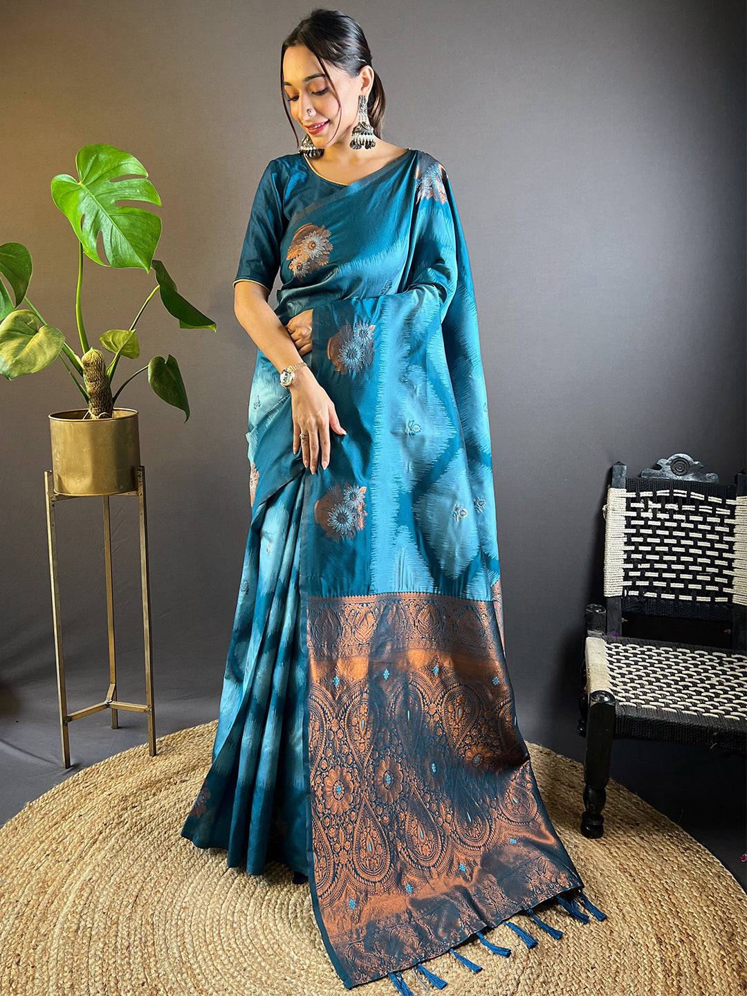 Blue Tussar Silk Ikkat Weaving Saree by My Store