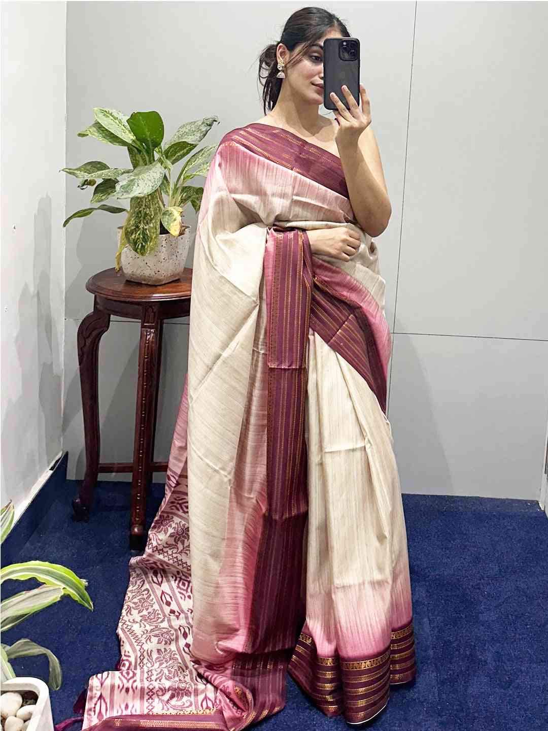 Ikkat Motifs and Paisley Prints on Ghicha Saree by My Store