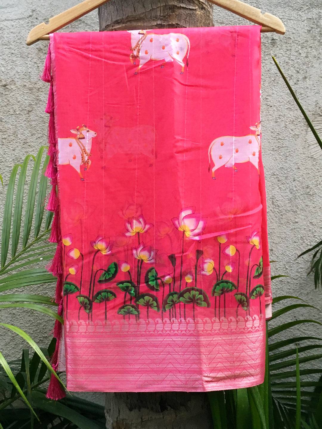 Hot Pink Organza Pichwai Print Saree by My Store