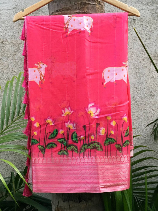 Hot Pink Organza Pichwai Print Saree by My Store