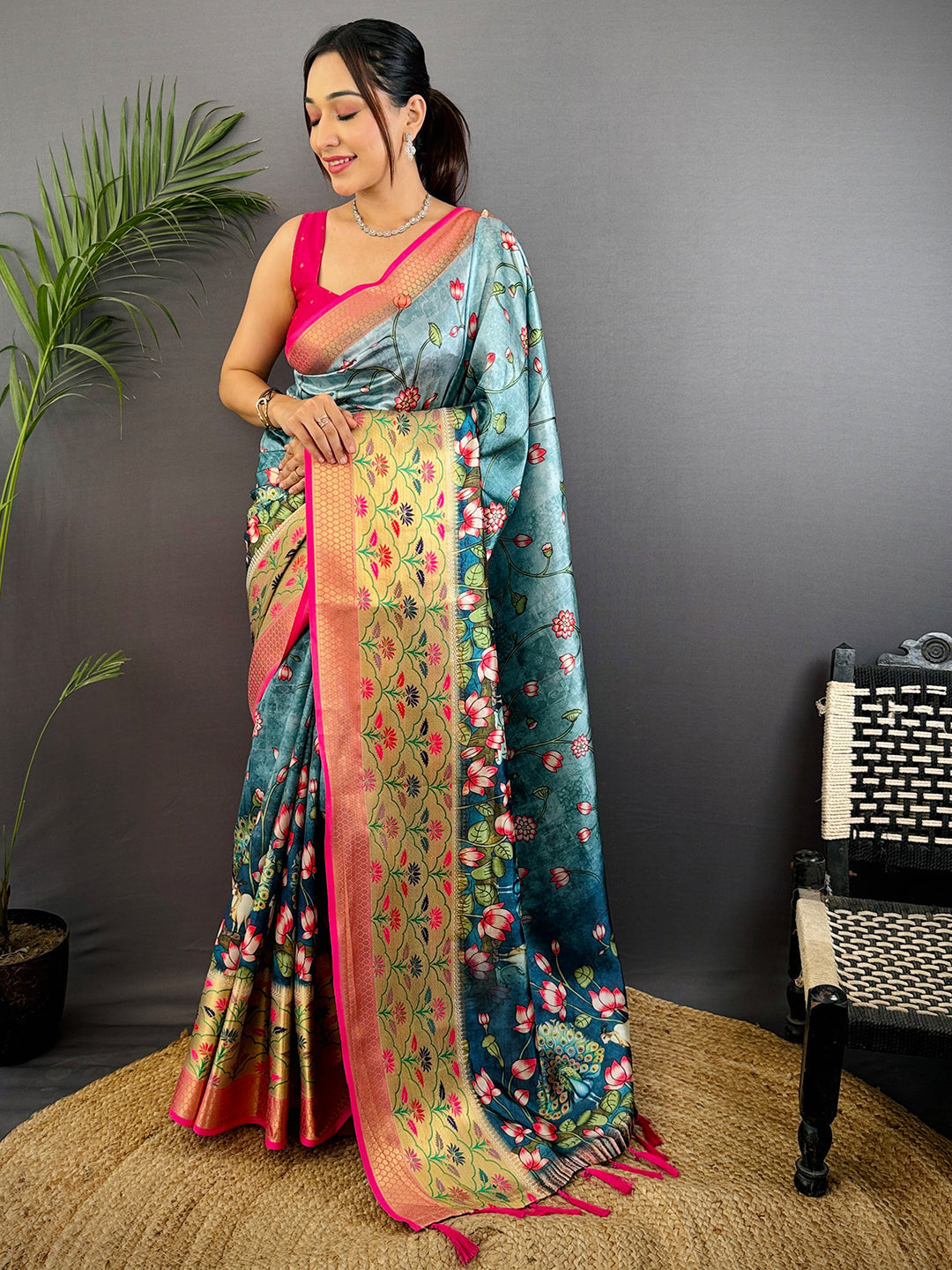 Teal Freehand Digital Print Soft Silk Saree by My Store