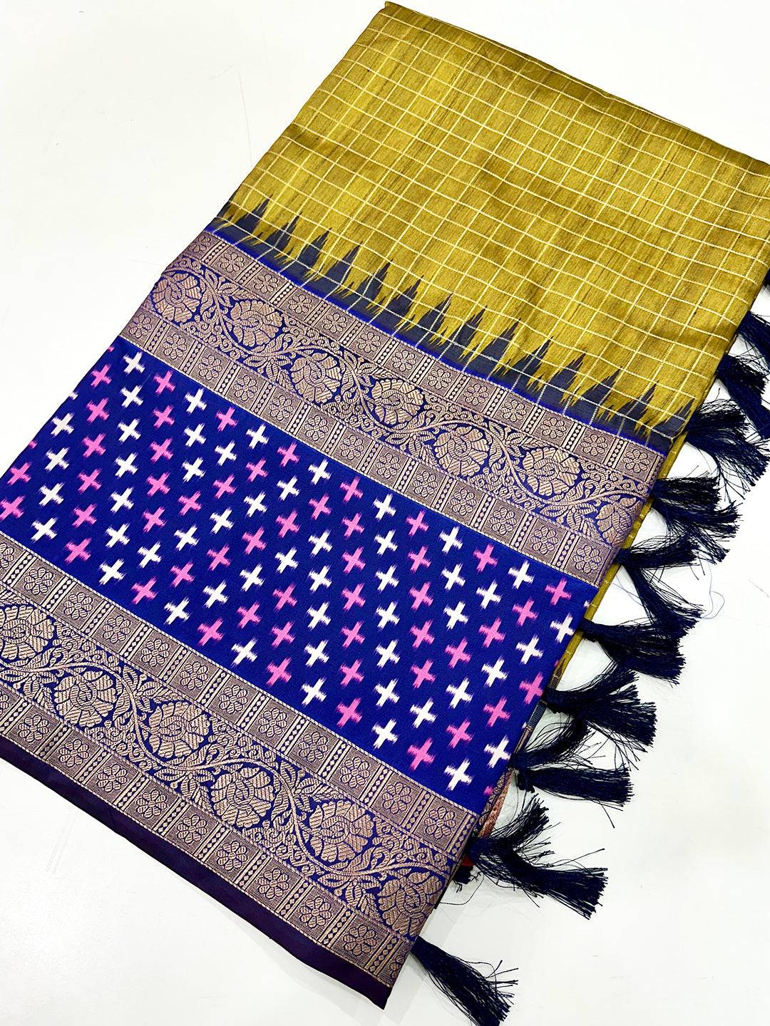 Green Chex Ikkat Saree With Double Border by My Store