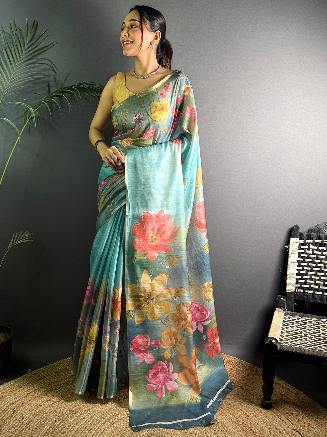 Teal Blue Linen Juth Digital Print Saree by My Store