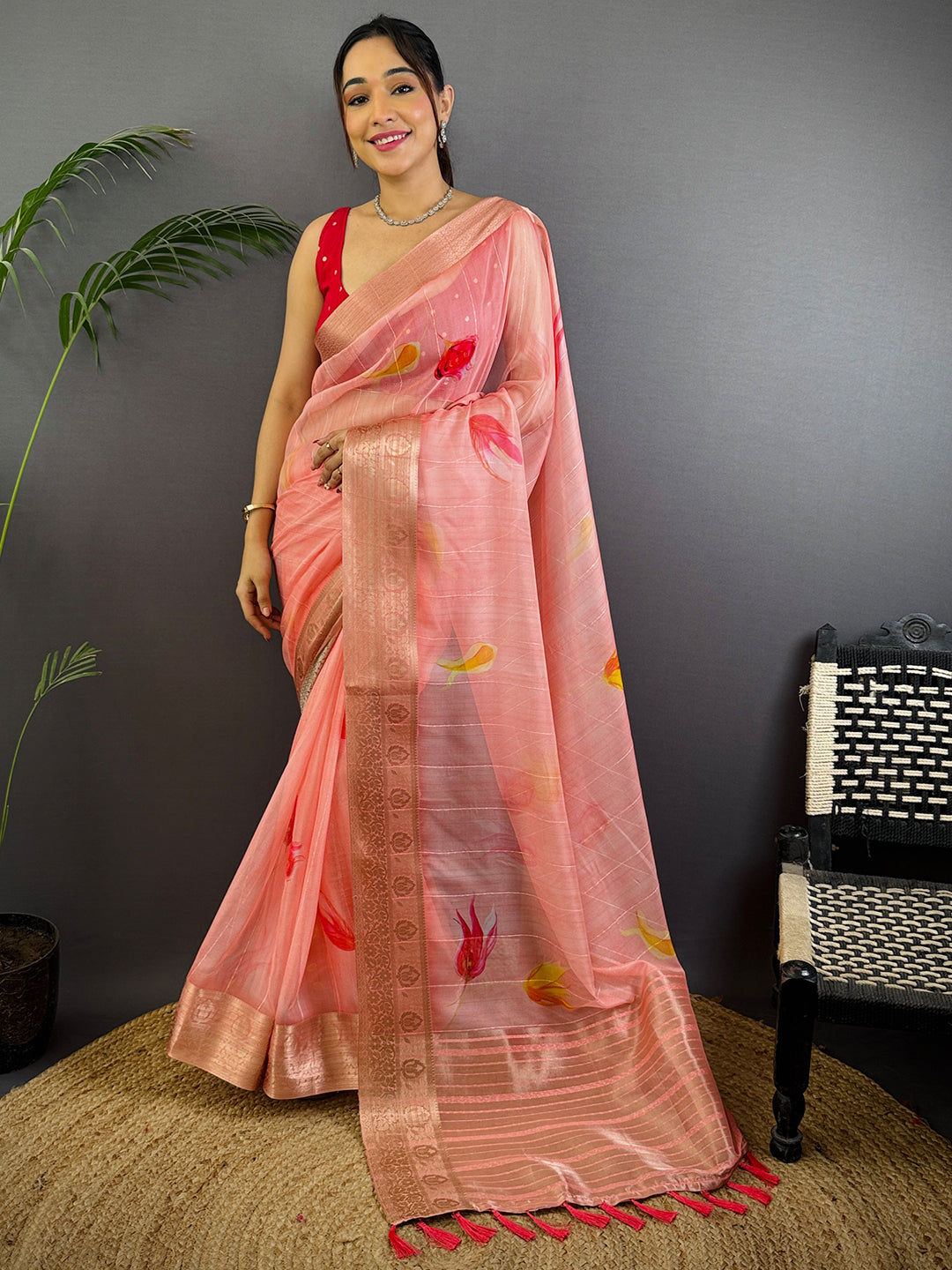 Blush Pink Soft Organza Digital Print Saree by My Store