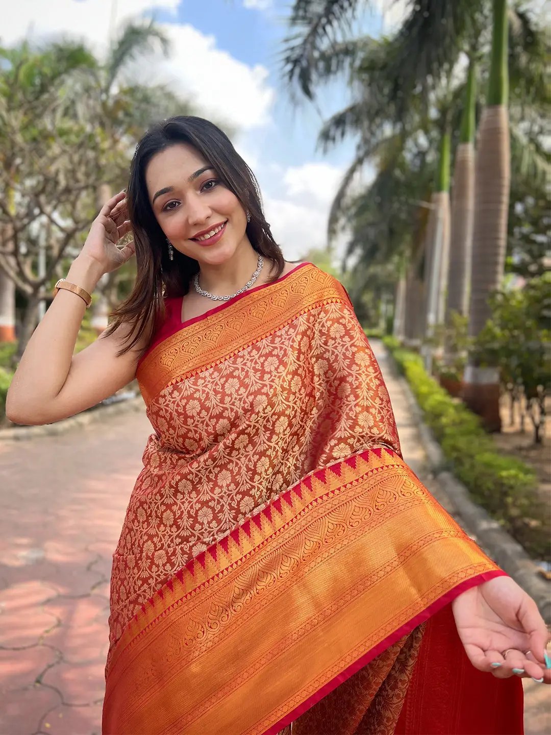 Orange Colour One Gram Gold Tissue Saree With Jacquard Woven Work by My Store