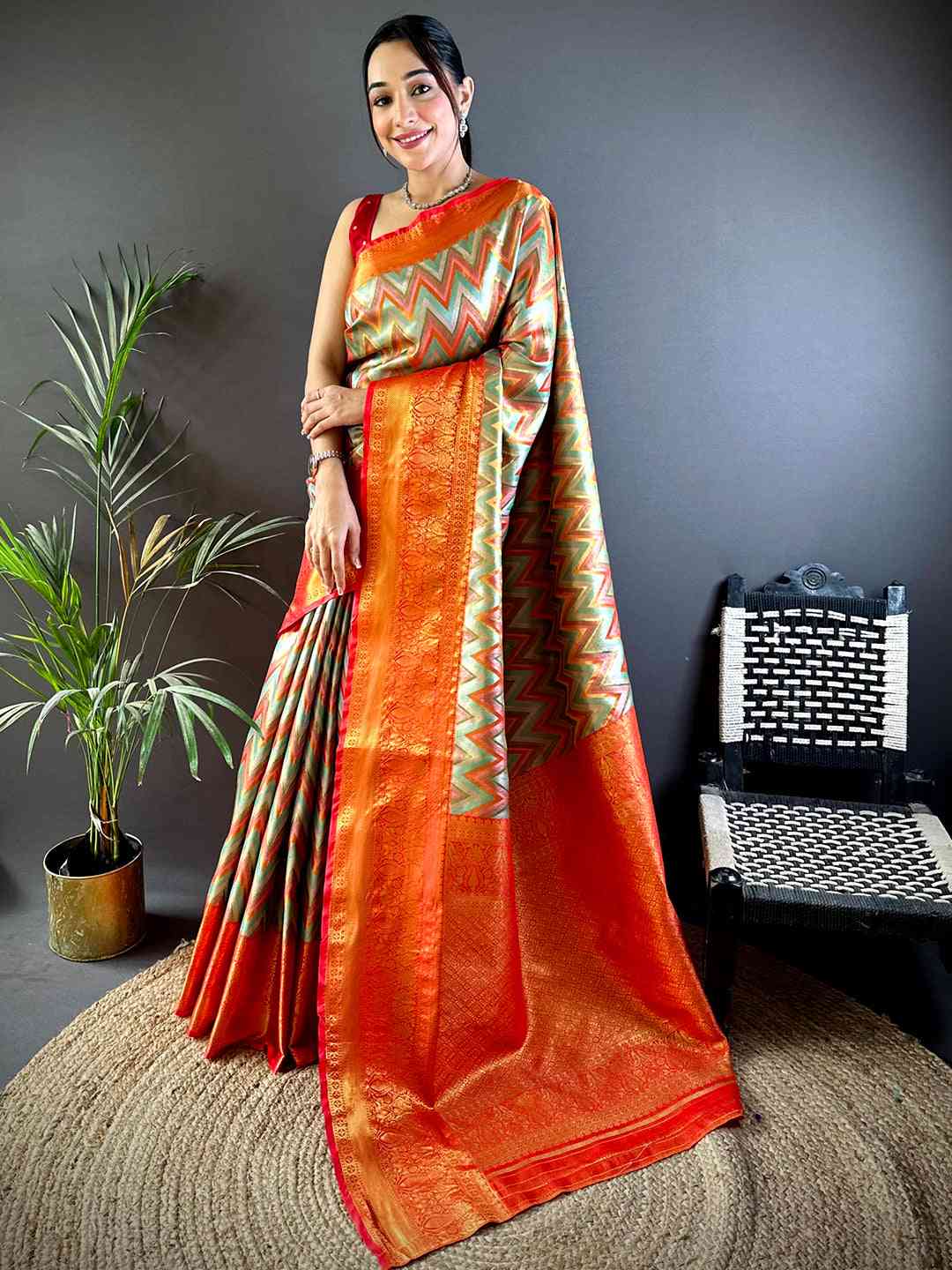 Regal Red Zigzag Dharmavaram Silk Saree by My Store