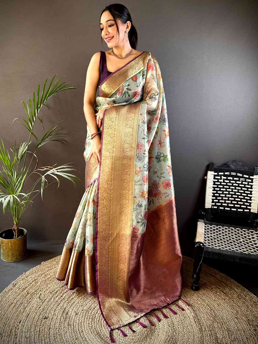 Fern Green Floral Gold Zari Tissue Saree by My Store