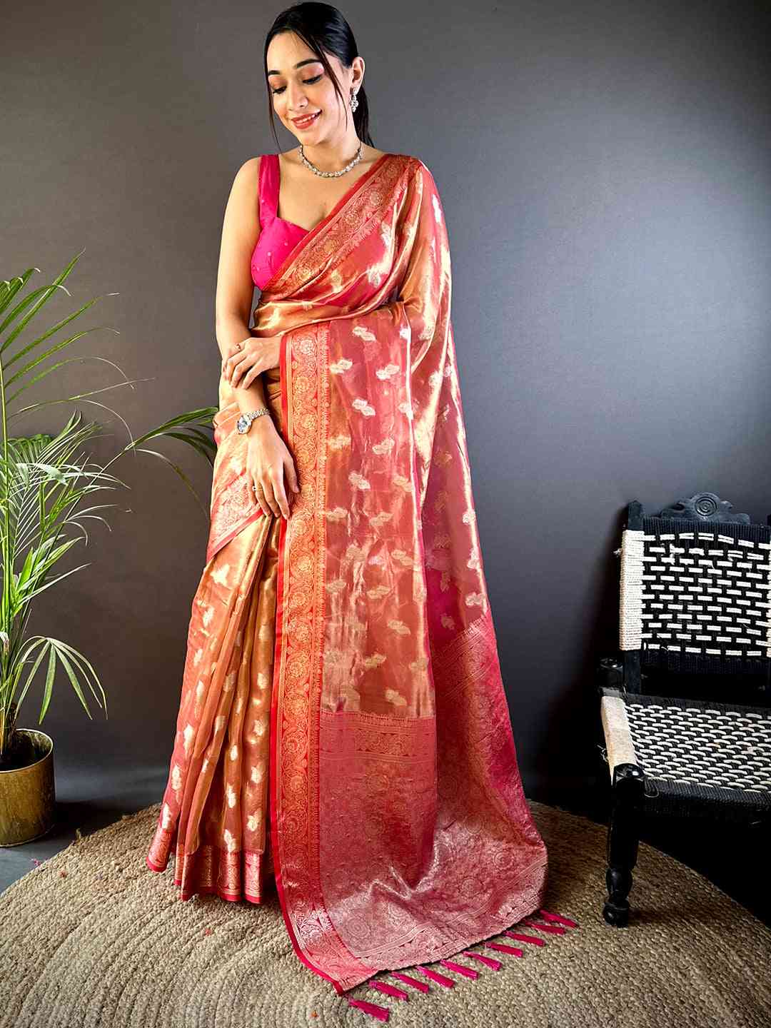 Radiant Red Kora Tissue Saree by My Store