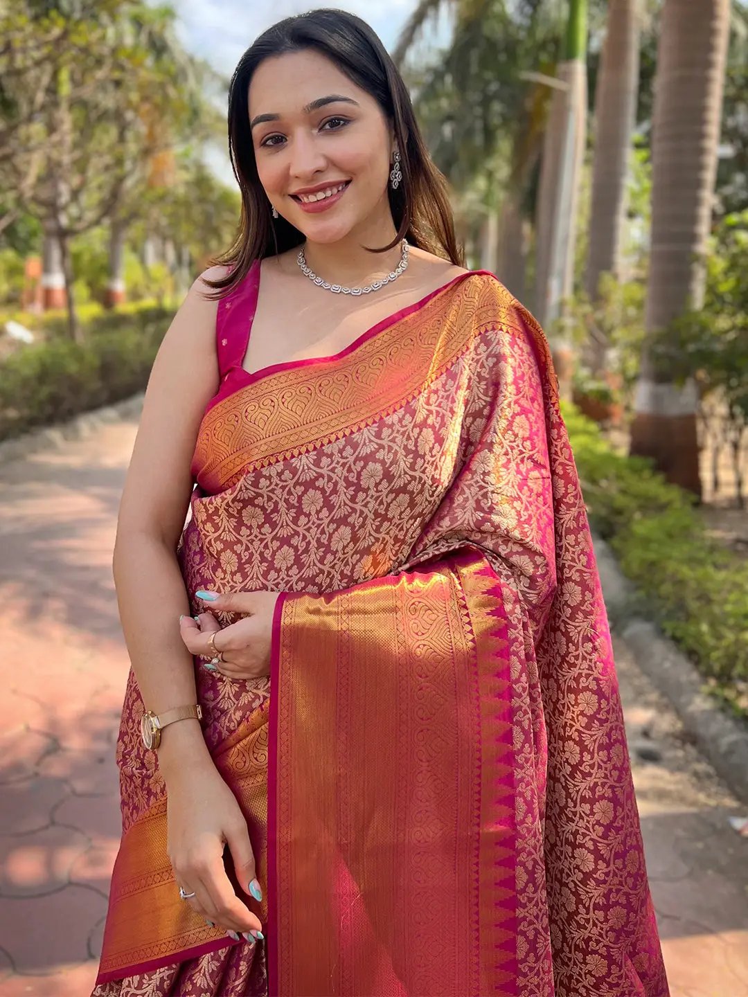 Pink Colour One Gram Gold Tissue Saree With Jacquard Woven Work by My Store