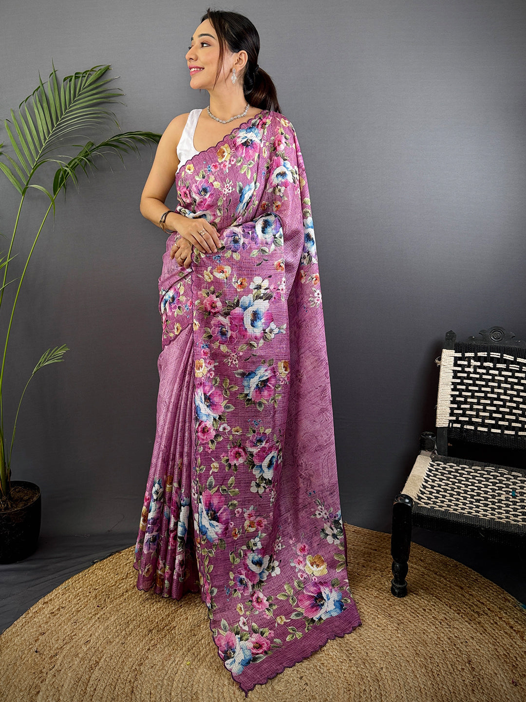 Dusty Rose Floral Cut Work Kota Saree by My Store