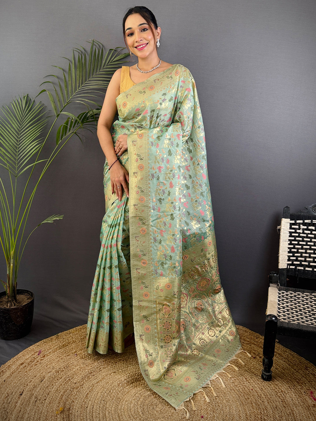 Jangal Minaather Zari Weaving Banarasi Silk Saree by My Store