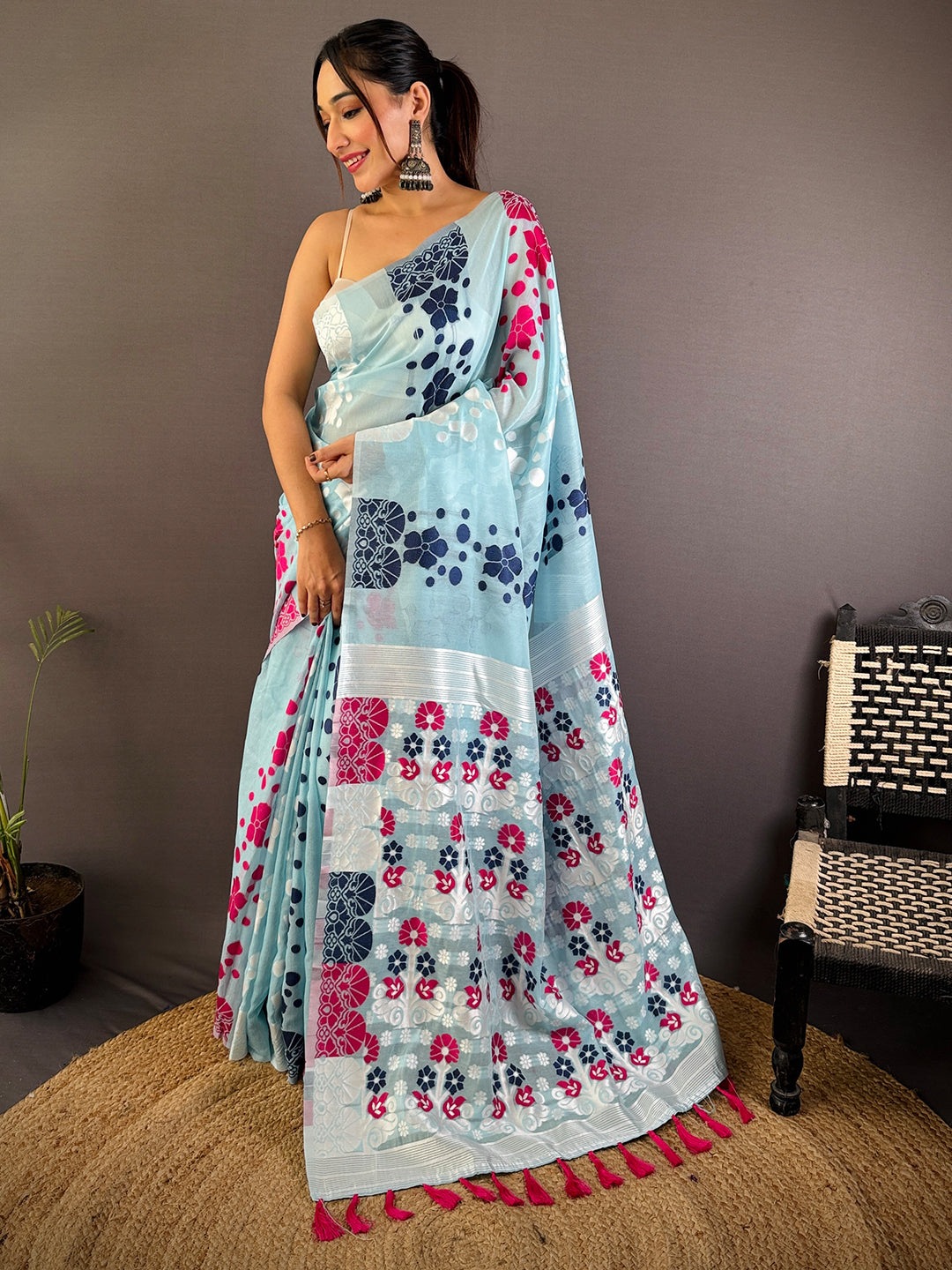 Blue Dhakai Jamdani Cotton Silk Saree
