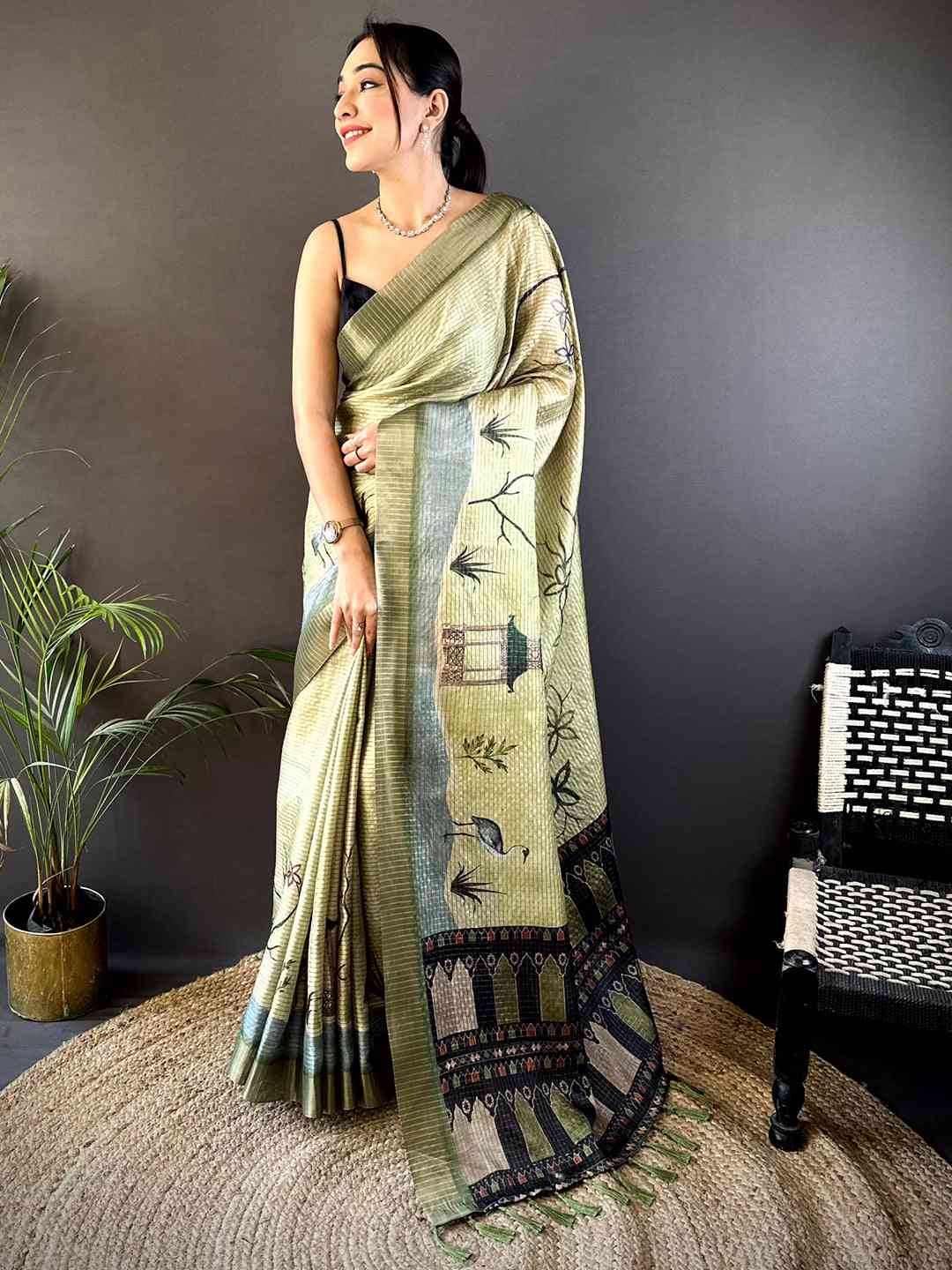 Sage Green Tussar Chex Japanese Print Saree