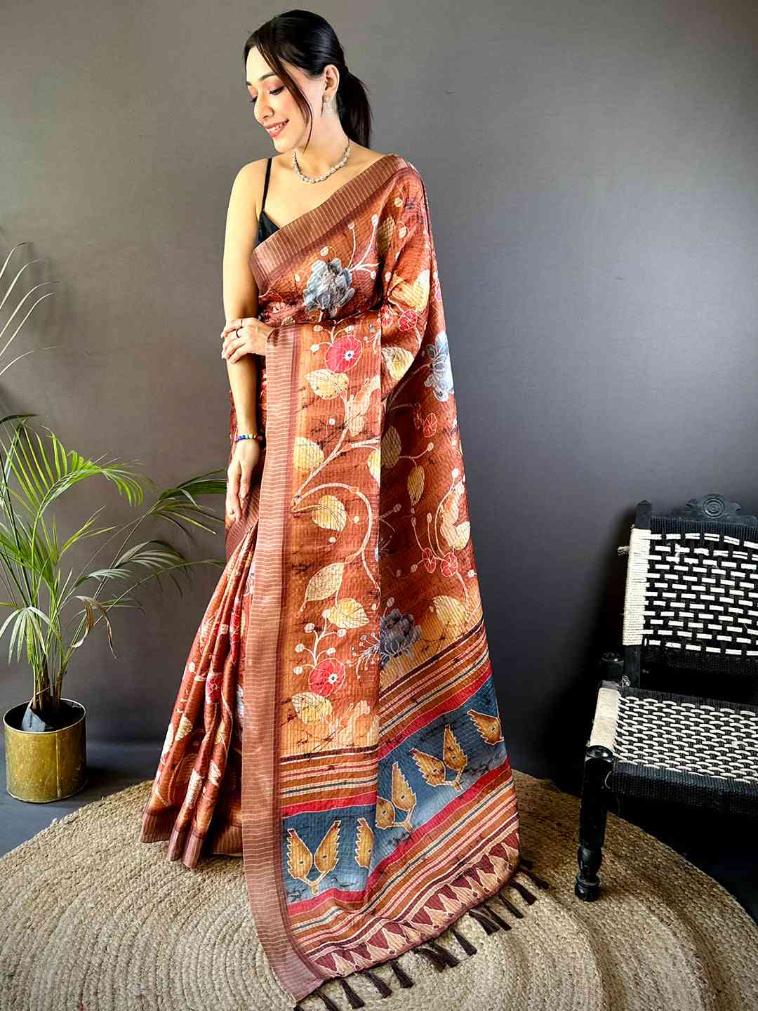 Brown Chex Kalamkari Floral Print Saree by My Store