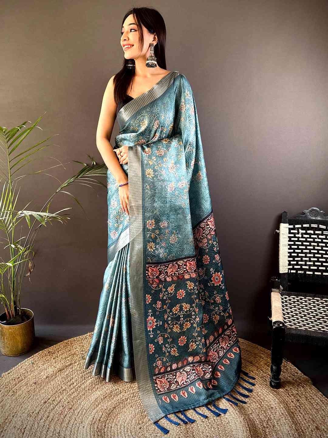 Teal Blue Gold Zari Chanderi Phulkari Floral Saree by My Store