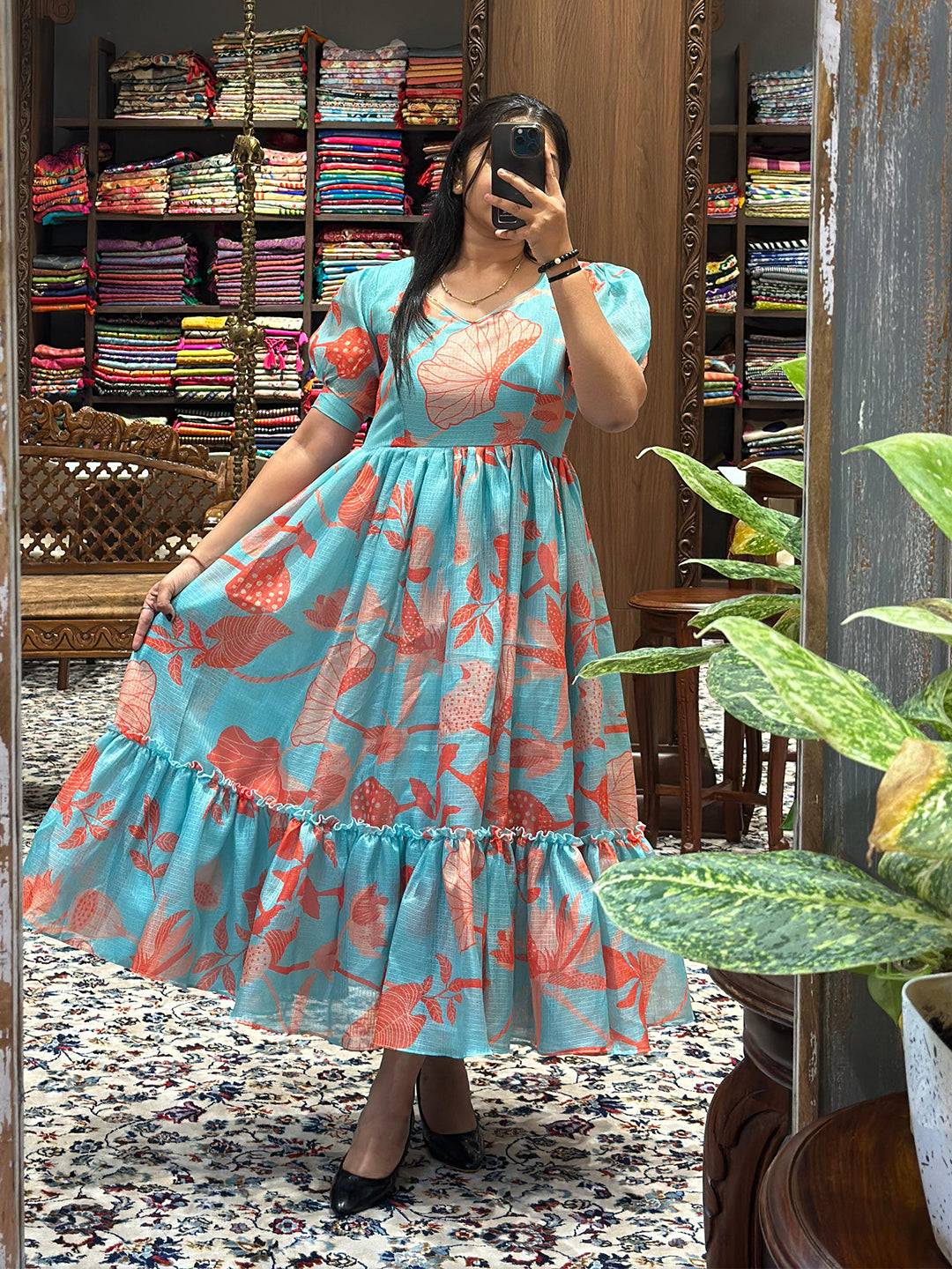 Sea Blue Floral Print Dress by My Store