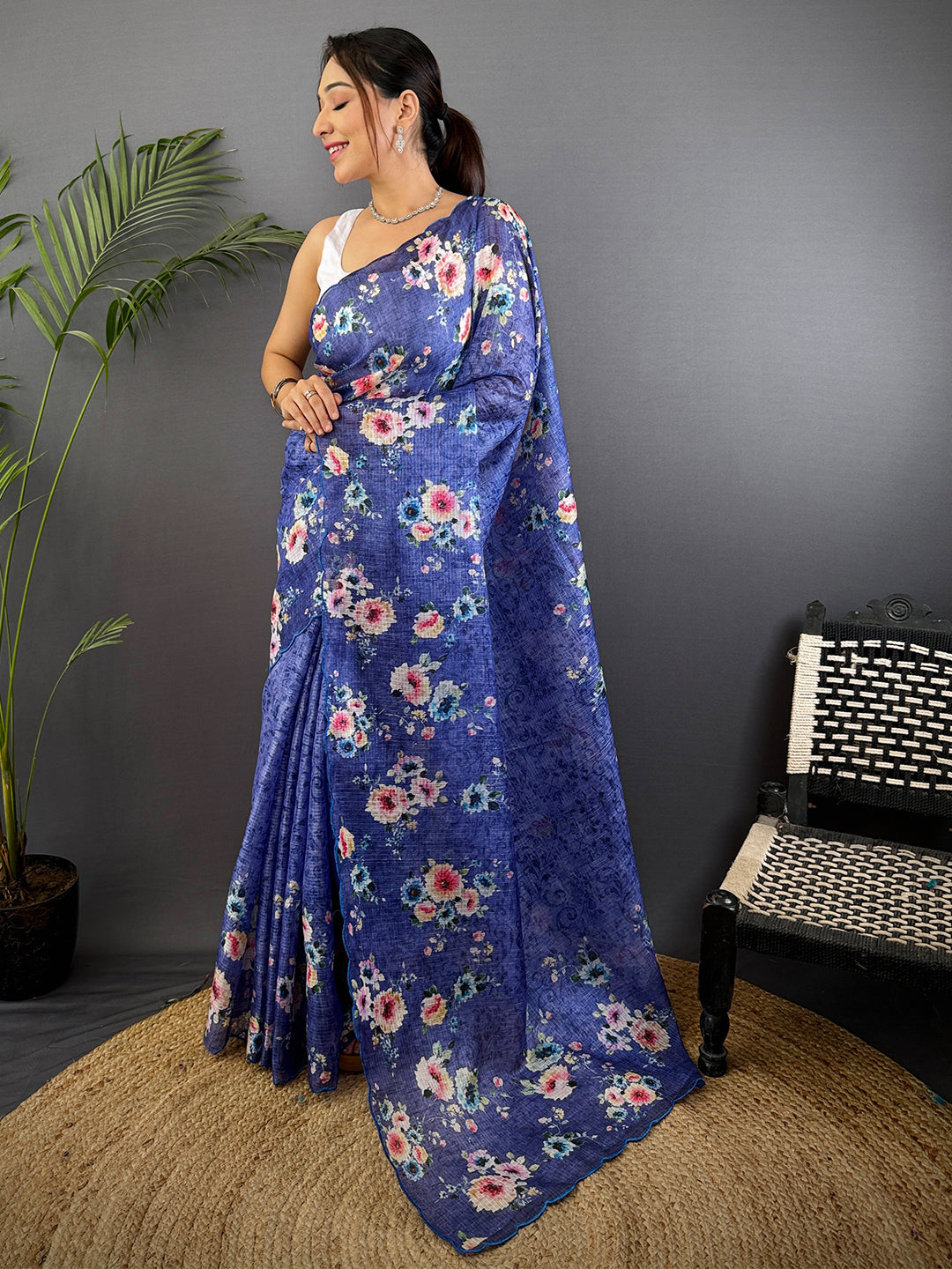 Royal Blue Kota Floral Digital Cut Work Saree by My Store