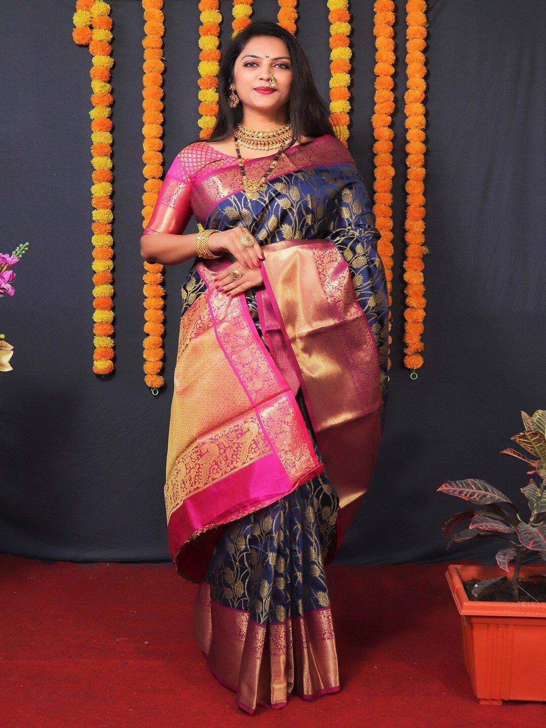 Royal Blue Kanjivaram Silk Golden Zari Weaving Saree by My Store