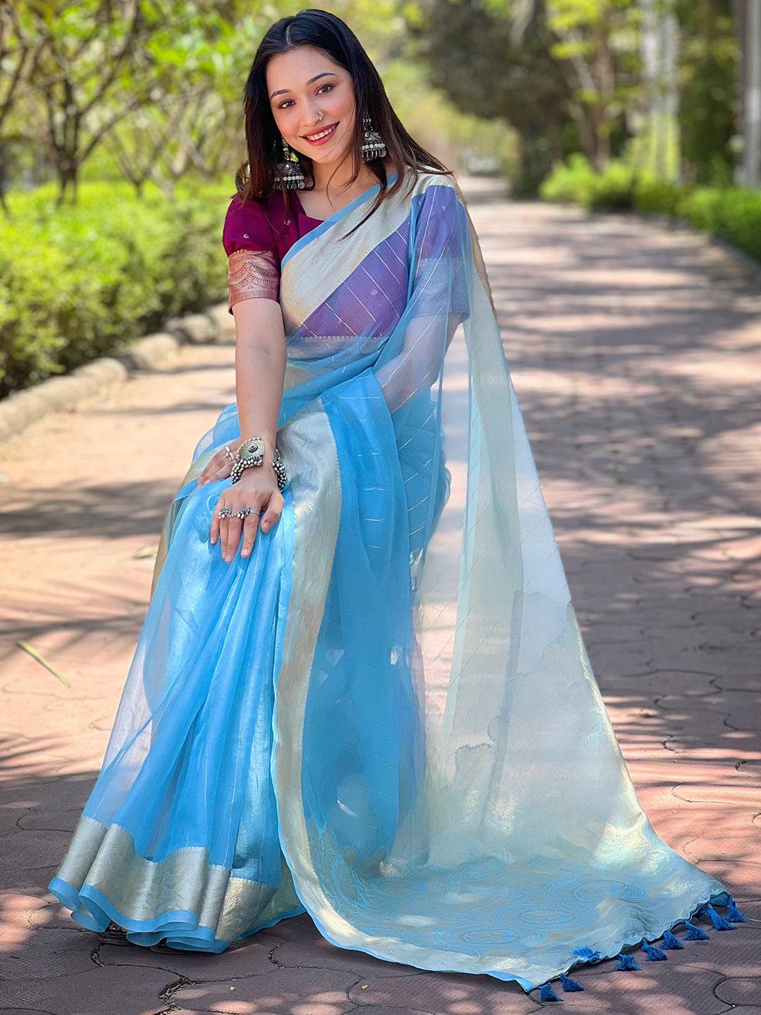 Blue Pure Viscose Organza Saree With Fine Gold Zari Weaving Border
