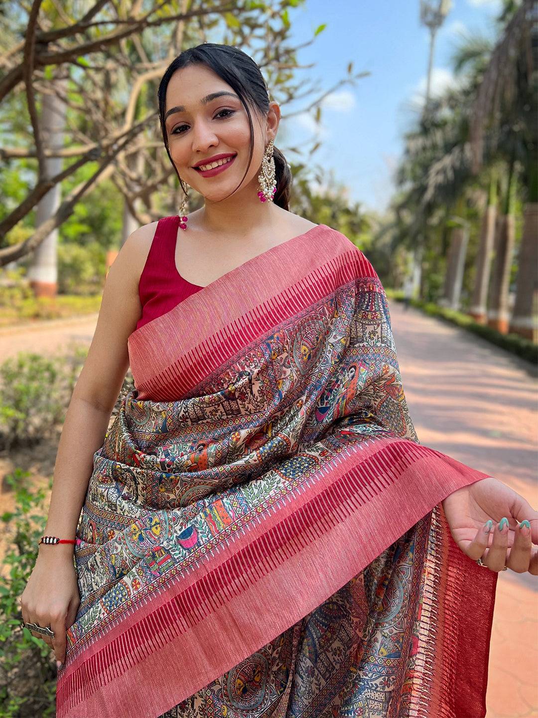 Traditional Slub Tussar Silk Madhubani Kalamkari Block Print Saree