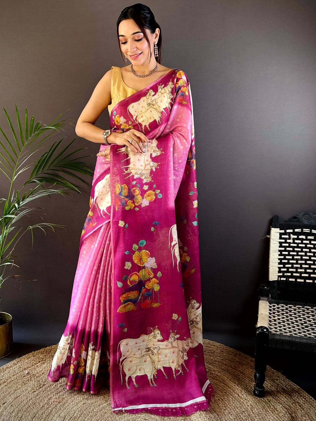 Pink Chanderi Pichwai Print Saree by My Store