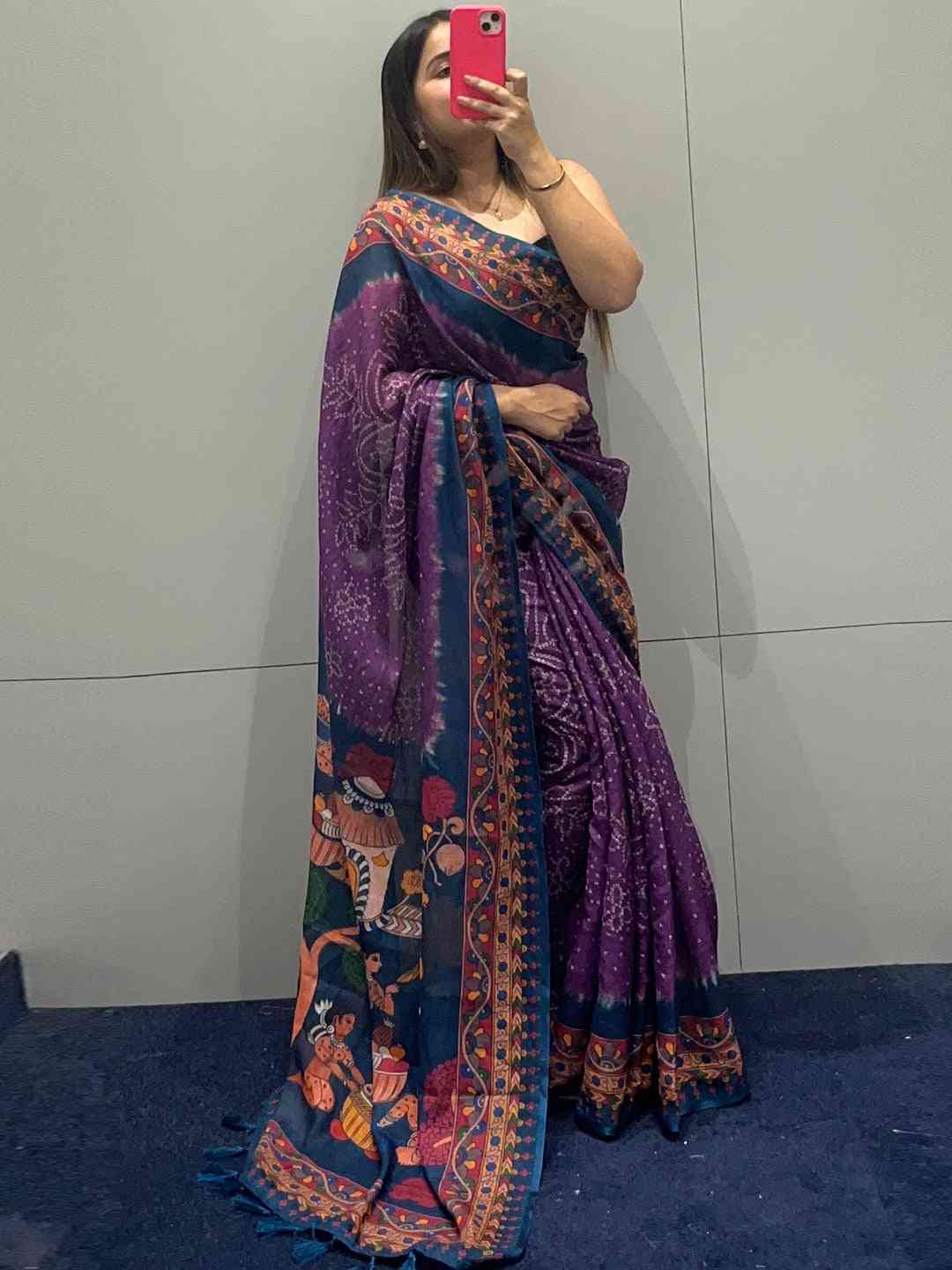 Purple Linen Bandhej Kalamkari Print Saree