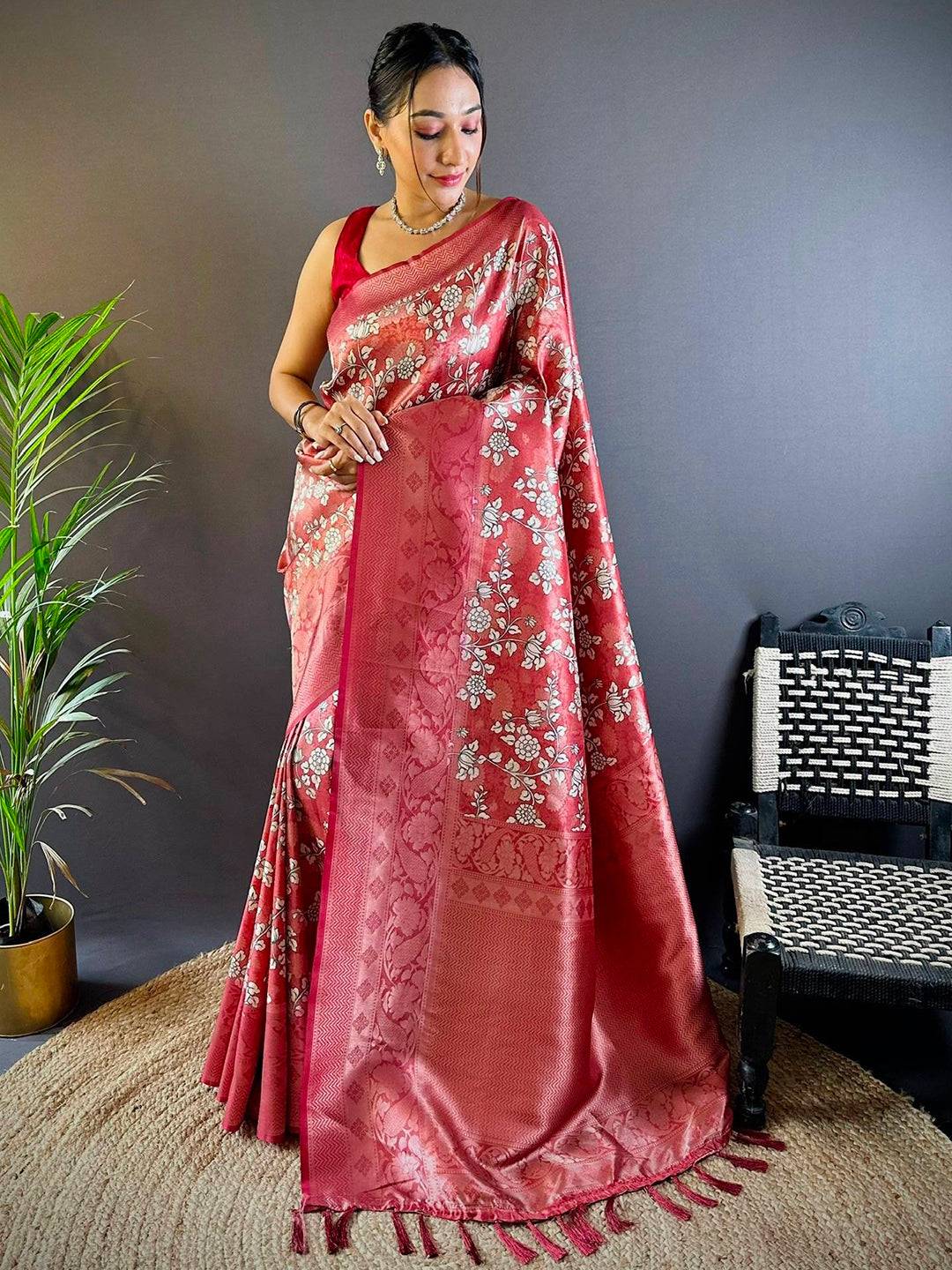 Rose Red Digital Print Silk Saree by My Store