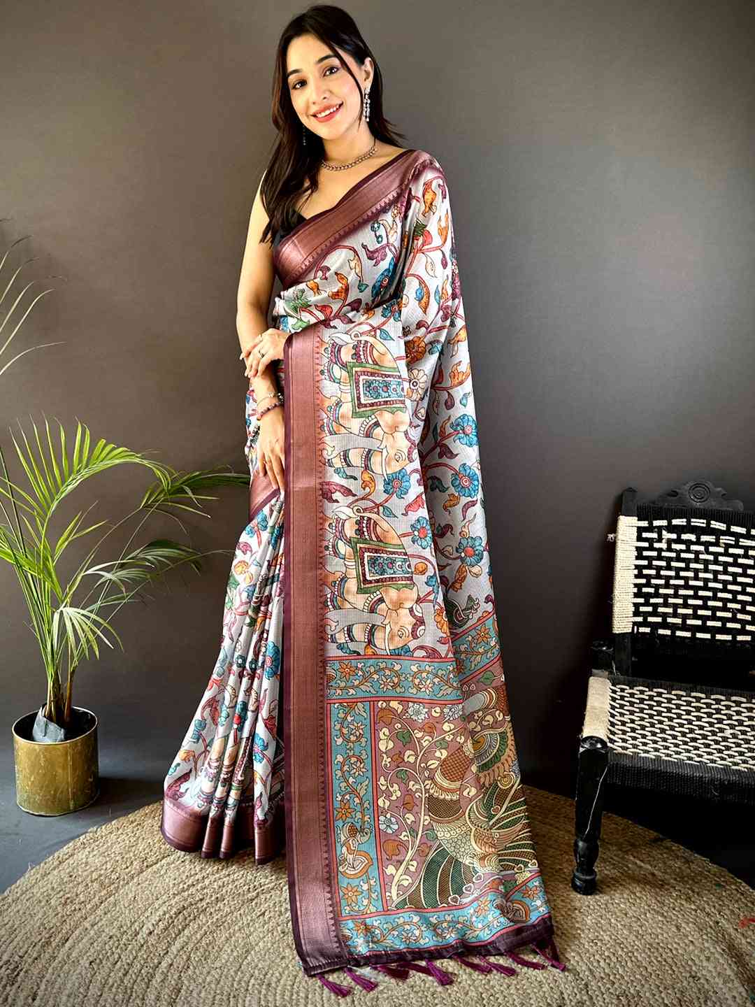 Grey Kota Doriya Floral Kalamkari Print Saree by My Store