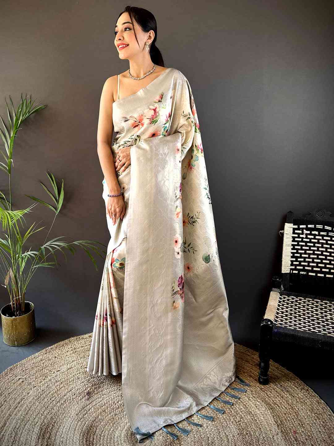 Light Beige Kanjivaram Digital Silk Saree by My Store