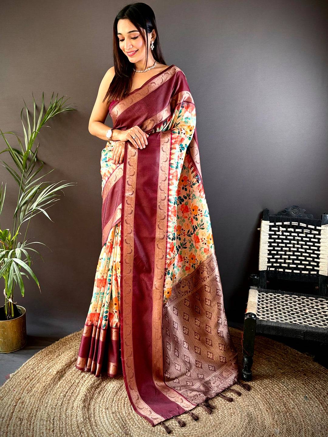Rich Maroon Banarasi Soft Silk Saree by My Store