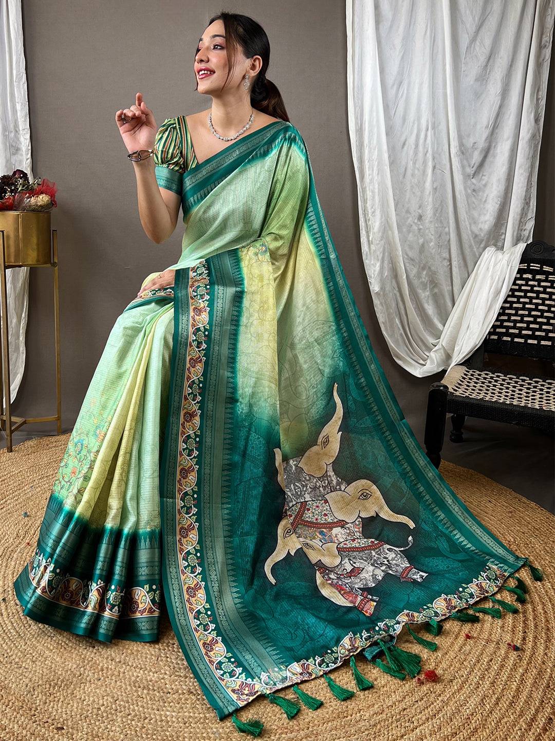 Emerald Green Kota Satin Border Saree by My Store
