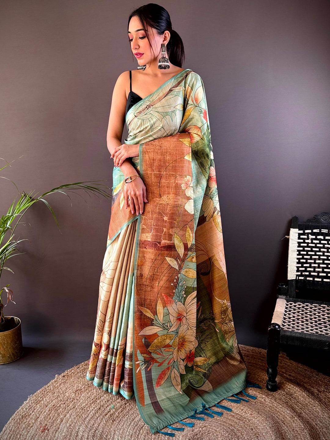 Rama Blue Zari Tussar Floral Saree by My Store