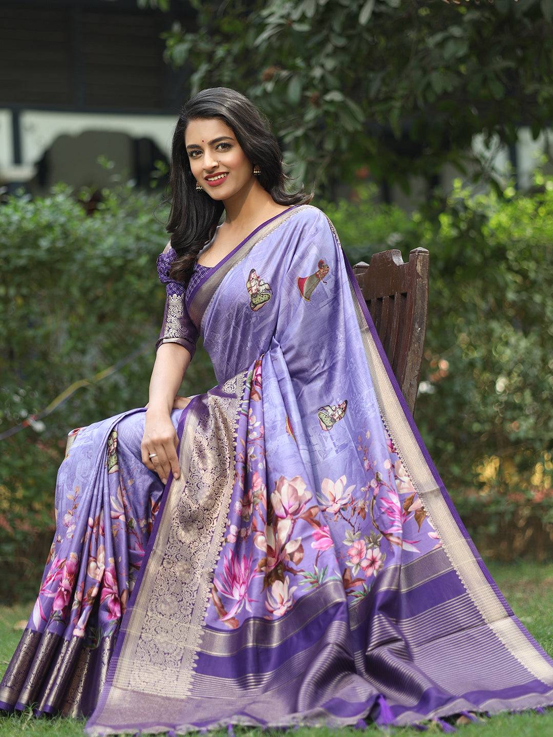 Lavender Colour Pure Viscose Dola Silk Saree with Floral Print - Luxe