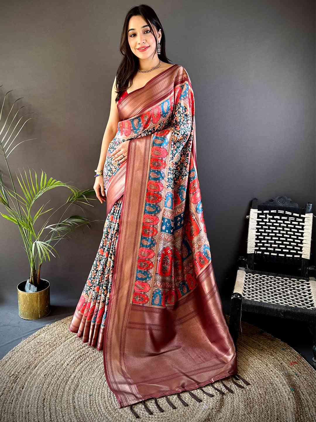 Brown Mughal Kalamkari Print Pashmina Saree by My Store