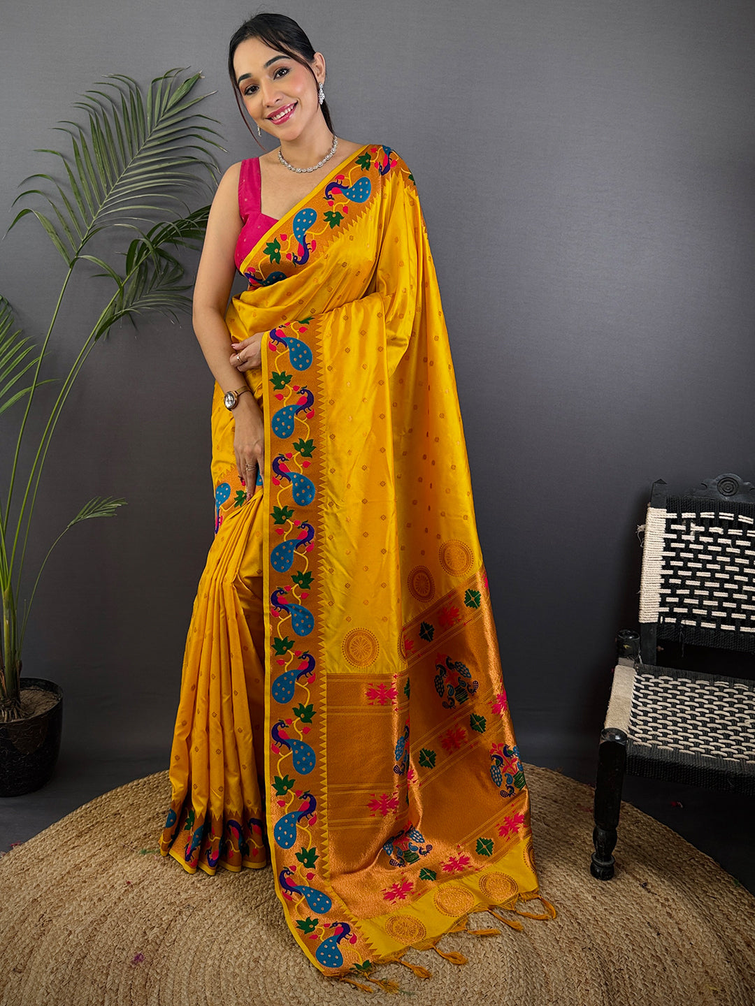 Mustard Yellow Yeola Paithani Soft Silk Saree by My Store